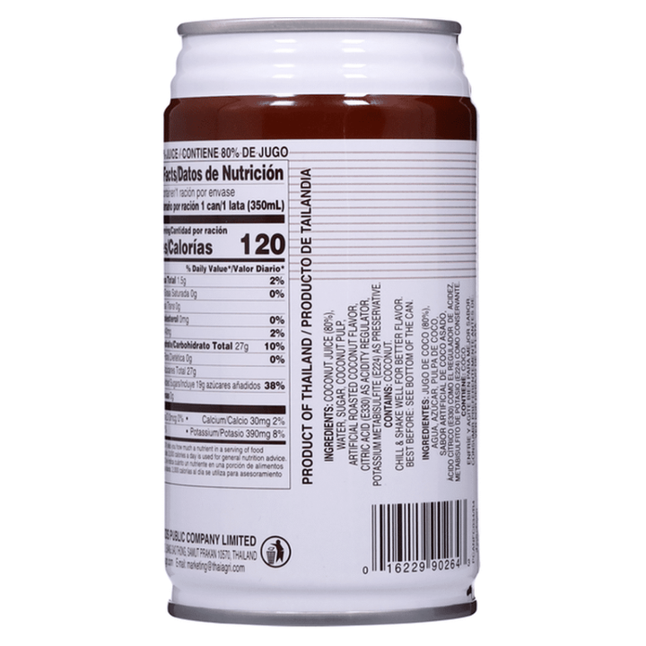 Back view of a can with nutritional information and product details on a white background