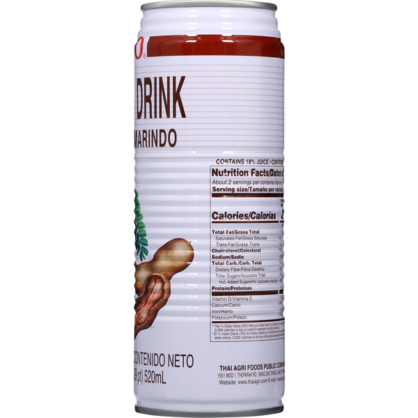 Can of tamarind drink with nutritional information on a white background