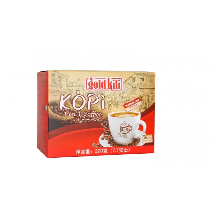 Gold Kili Kopi 3-in-1 coffee mix packaging box, 200g, featuring a red and beige design with a cup of coffee illustration.