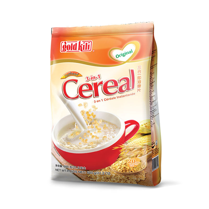 Gold Kili 3-in-1 Cereal package showing a red mug with cereal and milk in it on a white background