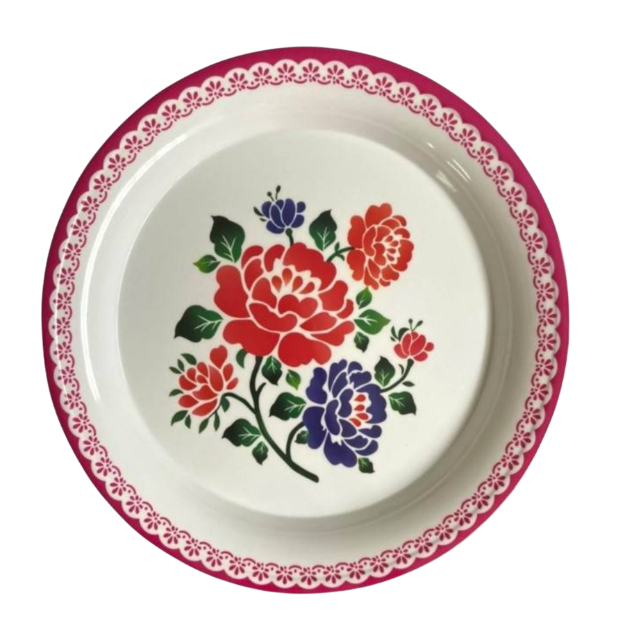 Decorative plate with floral design and pink border on a white background