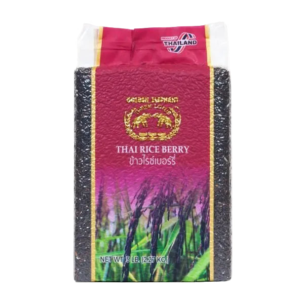Thai Rice Berry packaging with purple and green design on a white background
