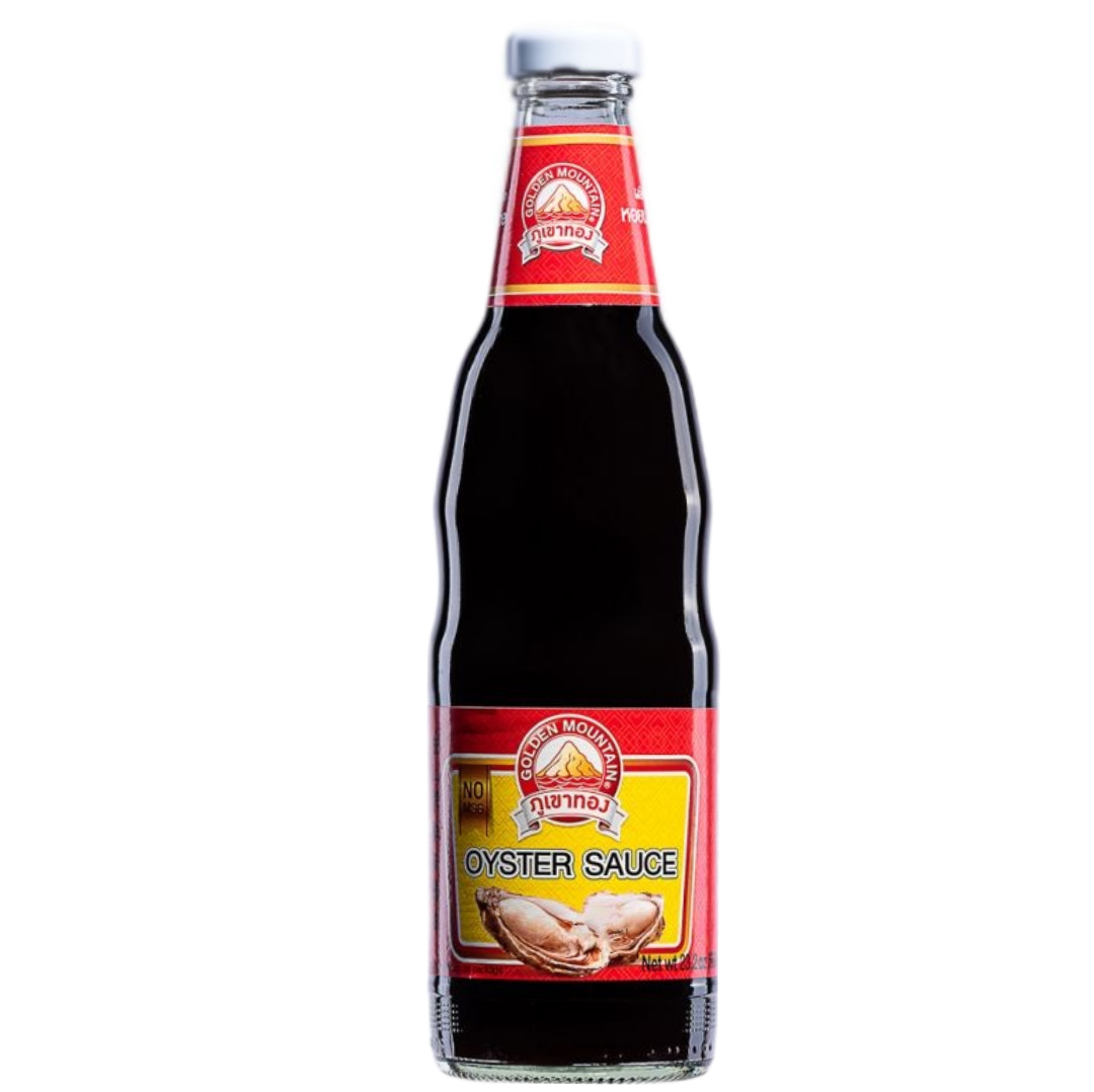 Glass bottle of oyster sauce with a red label on a white background