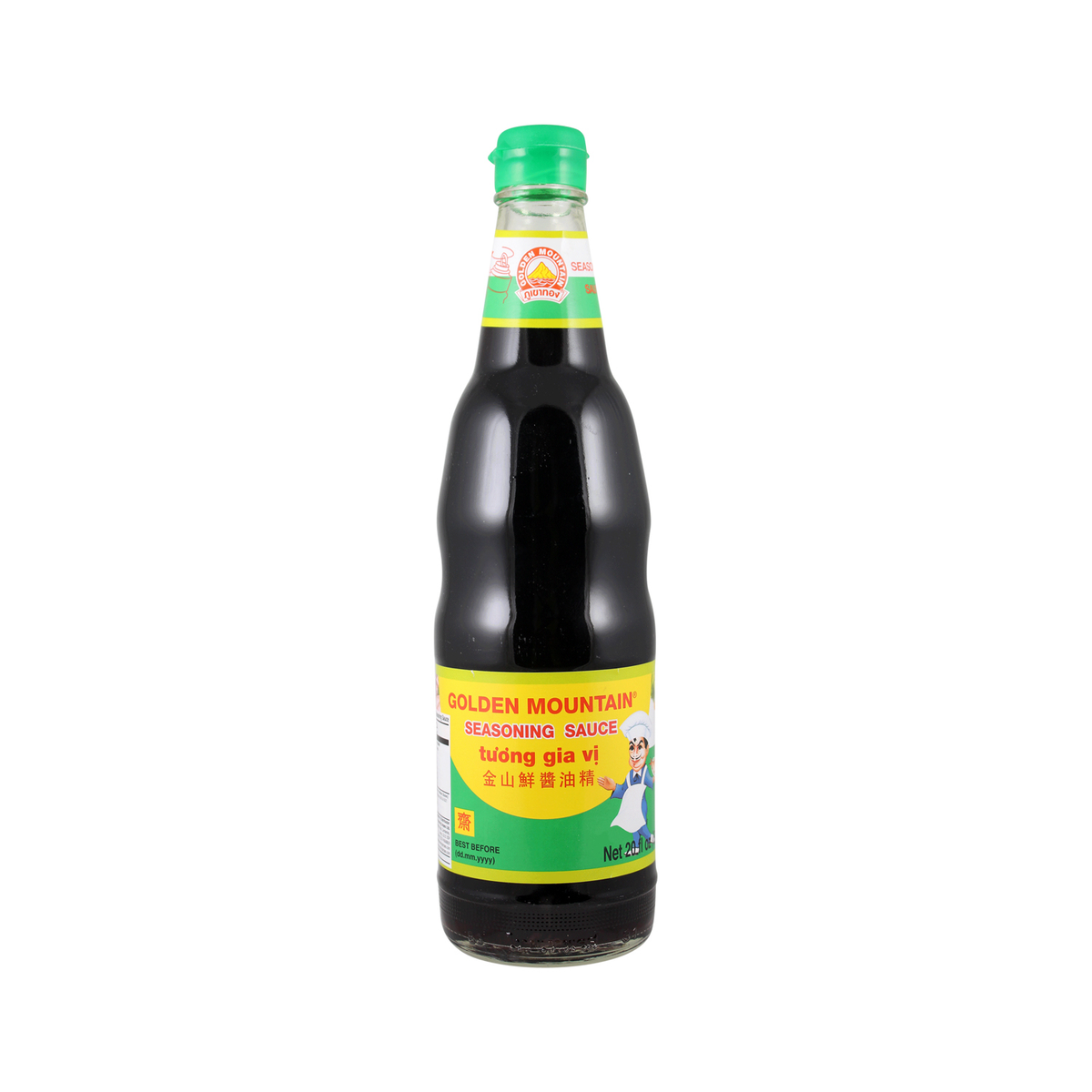 Bottle of Golden Mountain cooking sauce on a white background