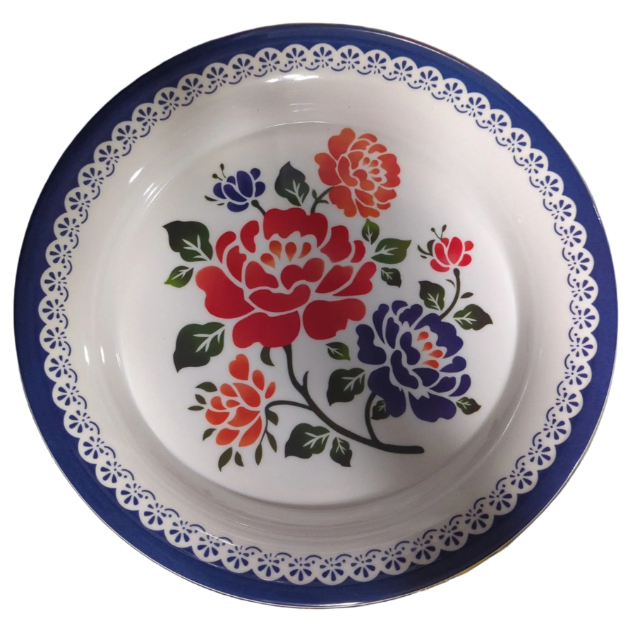 Decorative plate with floral design and blue border on a white background