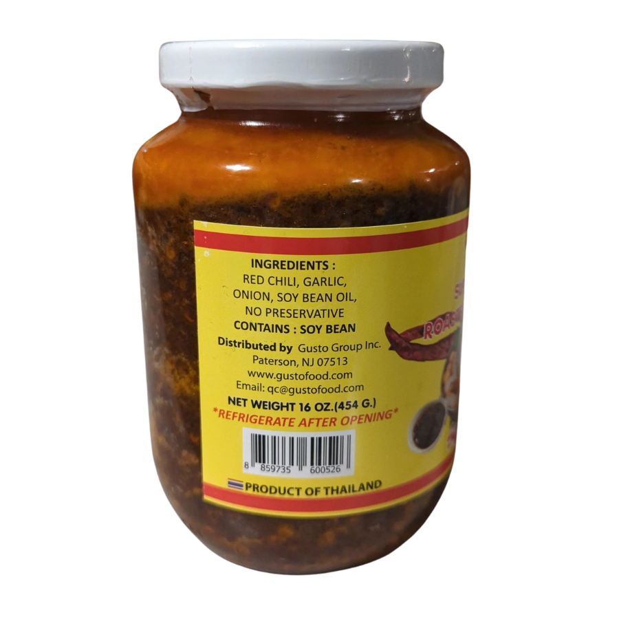 Jar of chili sauce with a yellow label on a white background