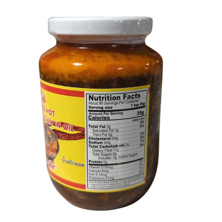 Jar of hot chili oil with nutrition label on a white background
