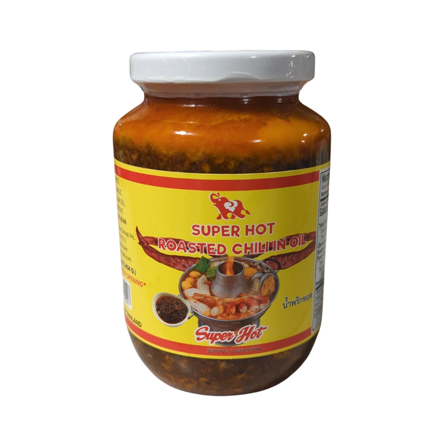 Jar of Super Hot Roasted Chilinfol with a yellow label on a white background