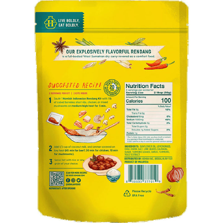 Yellow package of Rendang with nutritional information and ingredients on a white background
