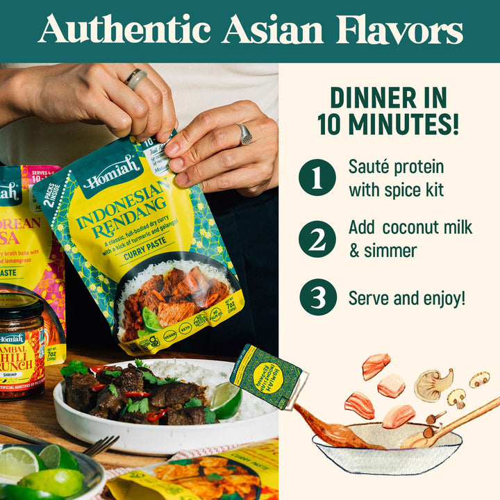 Indonesian Rendang curry paste packaging with cooking instructions and a prepared dish.