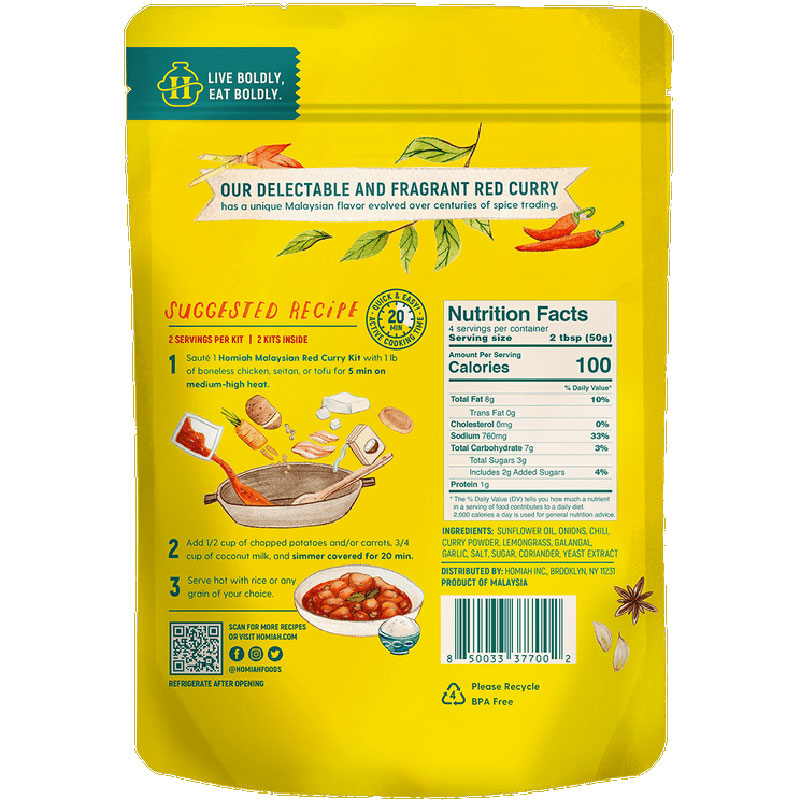 Yellow packaging of a delectable and fragrant red curry with nutritional information and suggested recipe.