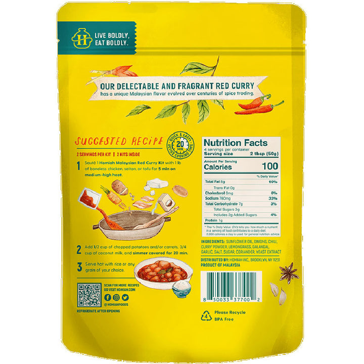 Yellow packaging of a delectable and fragrant red curry with nutritional information and suggested recipe.