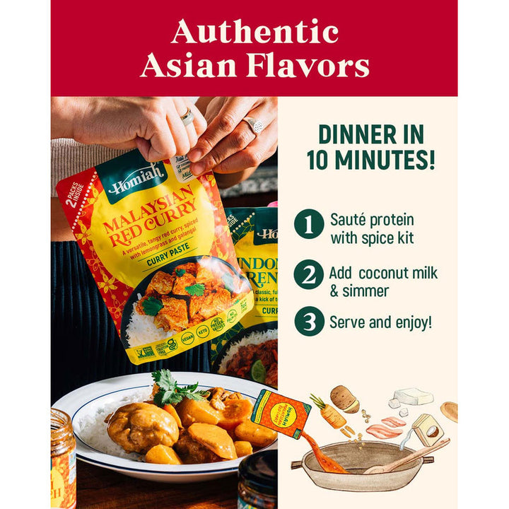 Homiah Malaysian Red Curry paste packaging with cooking instructions and a sample dish.