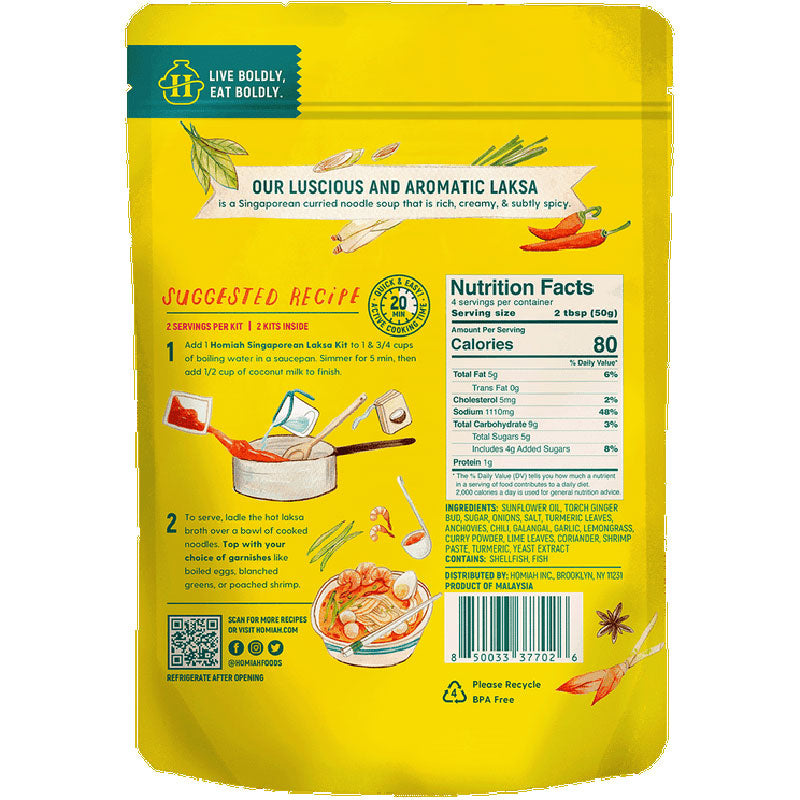 Yellow package of Laksa with nutritional information and recipe on a white background