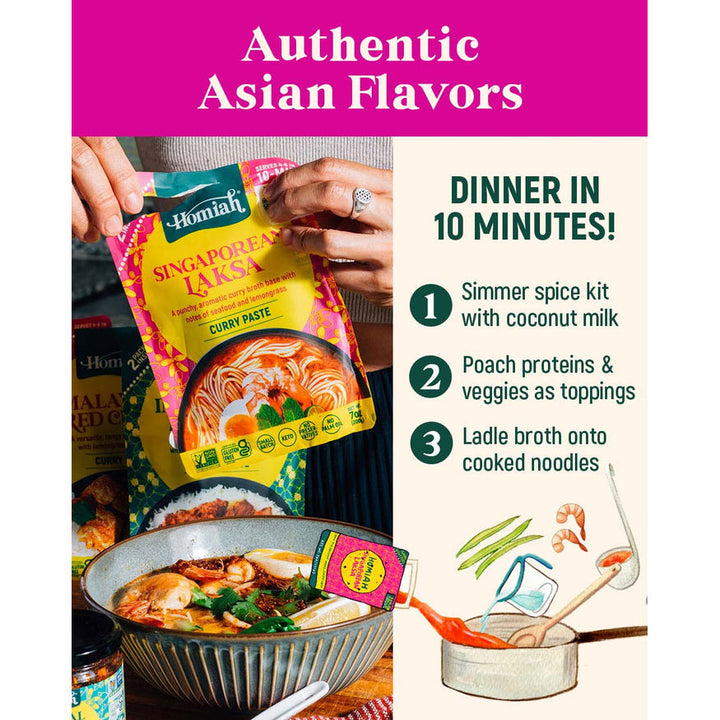 Homiah Singaporean Laksa curry paste packaging with cooking instructions and a bowl of soup.