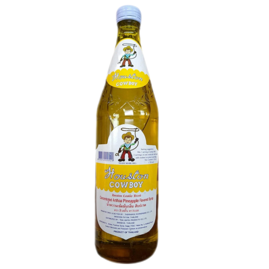 Bottle of Houston Cowboy syrup with a white label on a white background