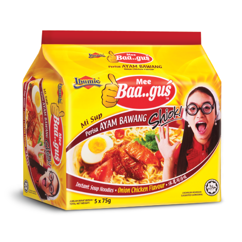 Mee Baa-gus instant soup noodles yellow packaging with a person enjoying the noodles on a white background