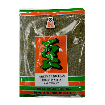 Packaged green mung beans with a brand logo on a white background
