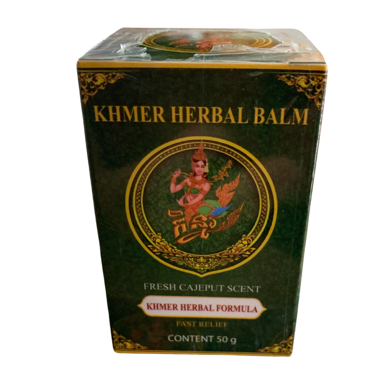 Box of Khmer Herbal Balm with decorative design on a white background