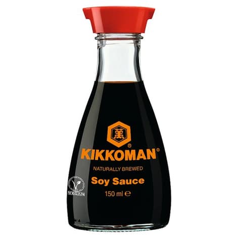 Kikkoman All-Purpose Seasoning Soy Sauce, traditionally brewed with no preservatives, in a (150 mL) red cap and glass bottle.