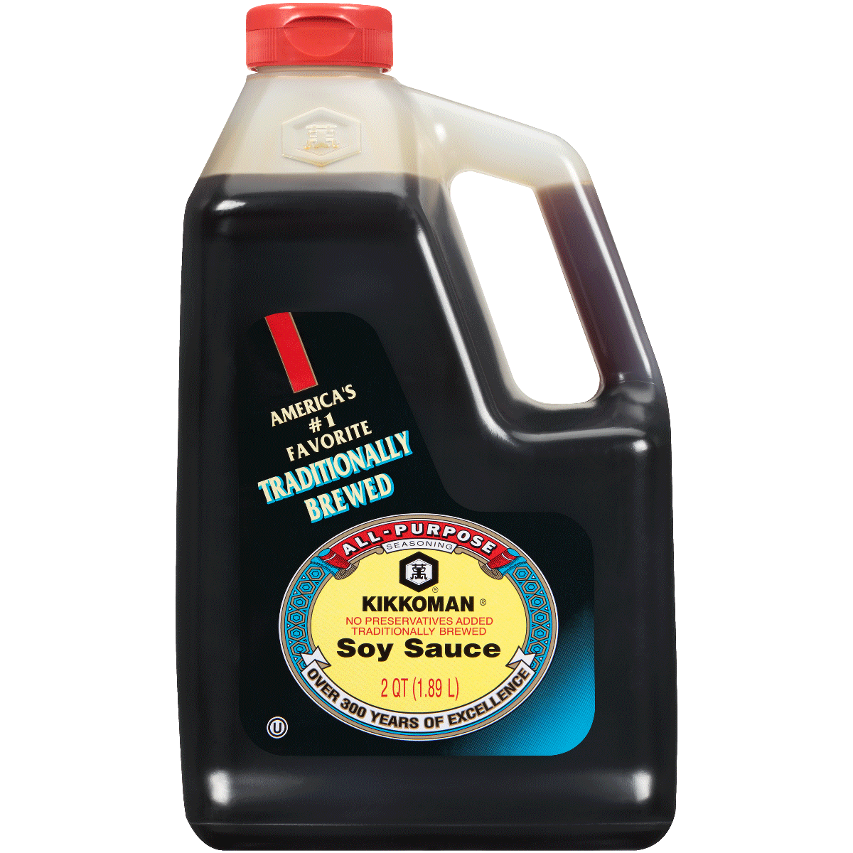 Kikkoman soy sauce bottle with red cap on a white background