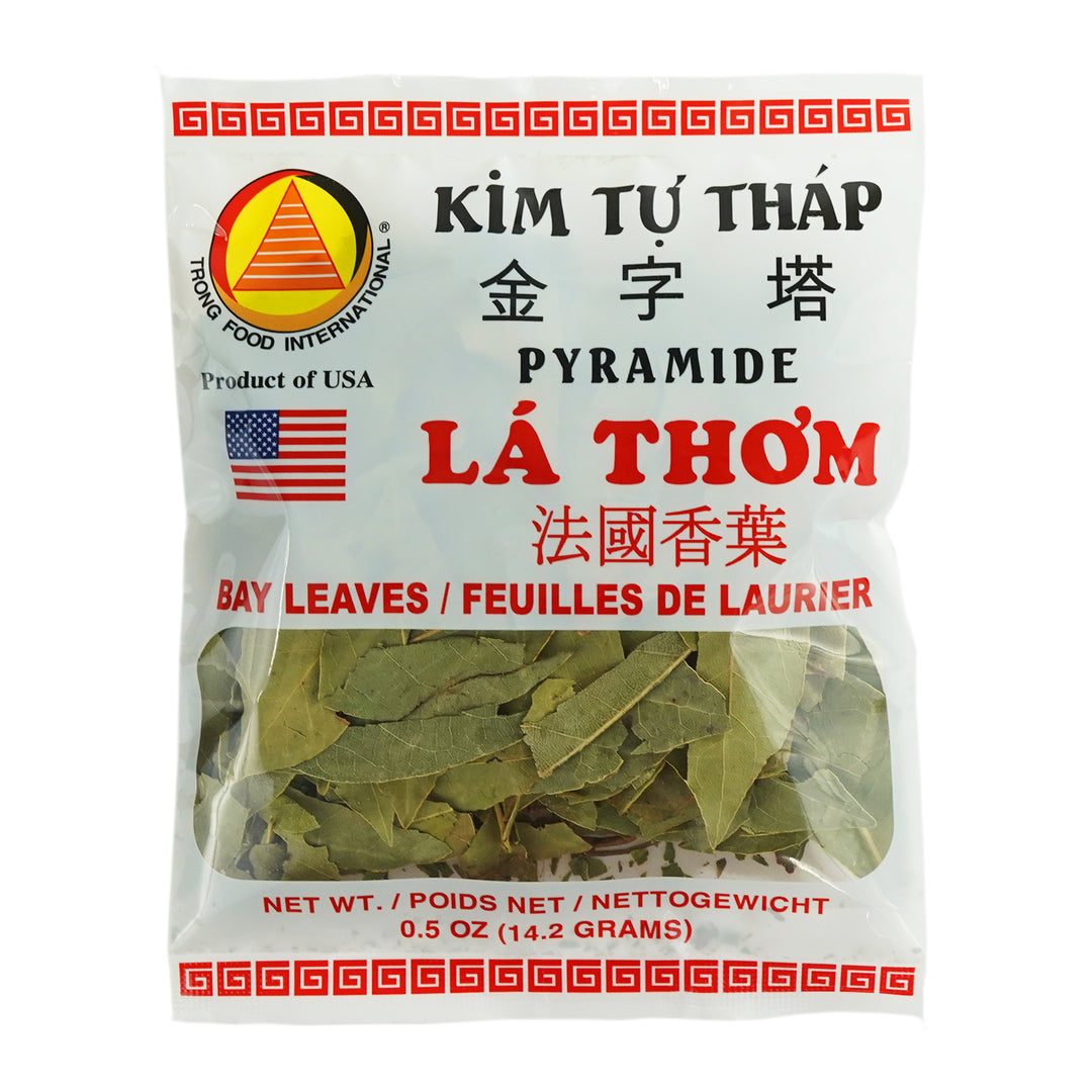 Packaging of Kim Tu Thap Bay Leaves La Thom, displaying the product in a clear plastic bag with a red and yellow label, including nutritional information and the statement &