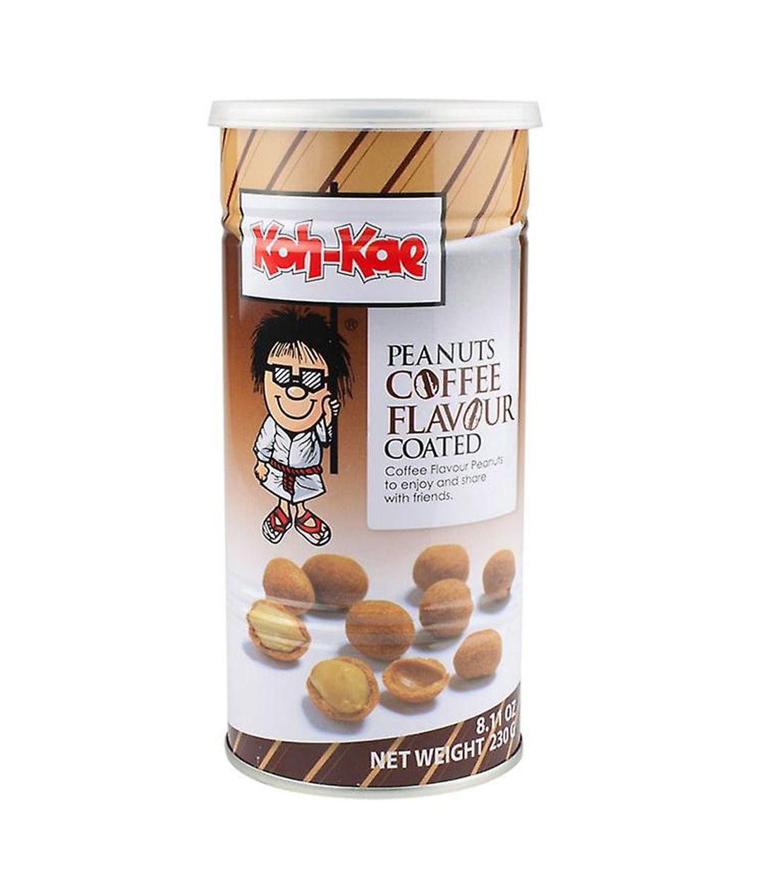 A can of Koh-Kae Peanuts Coffee Flavour Coated Peanuts with a cartoon character on the label, displaying the product and its net weight of 230g.