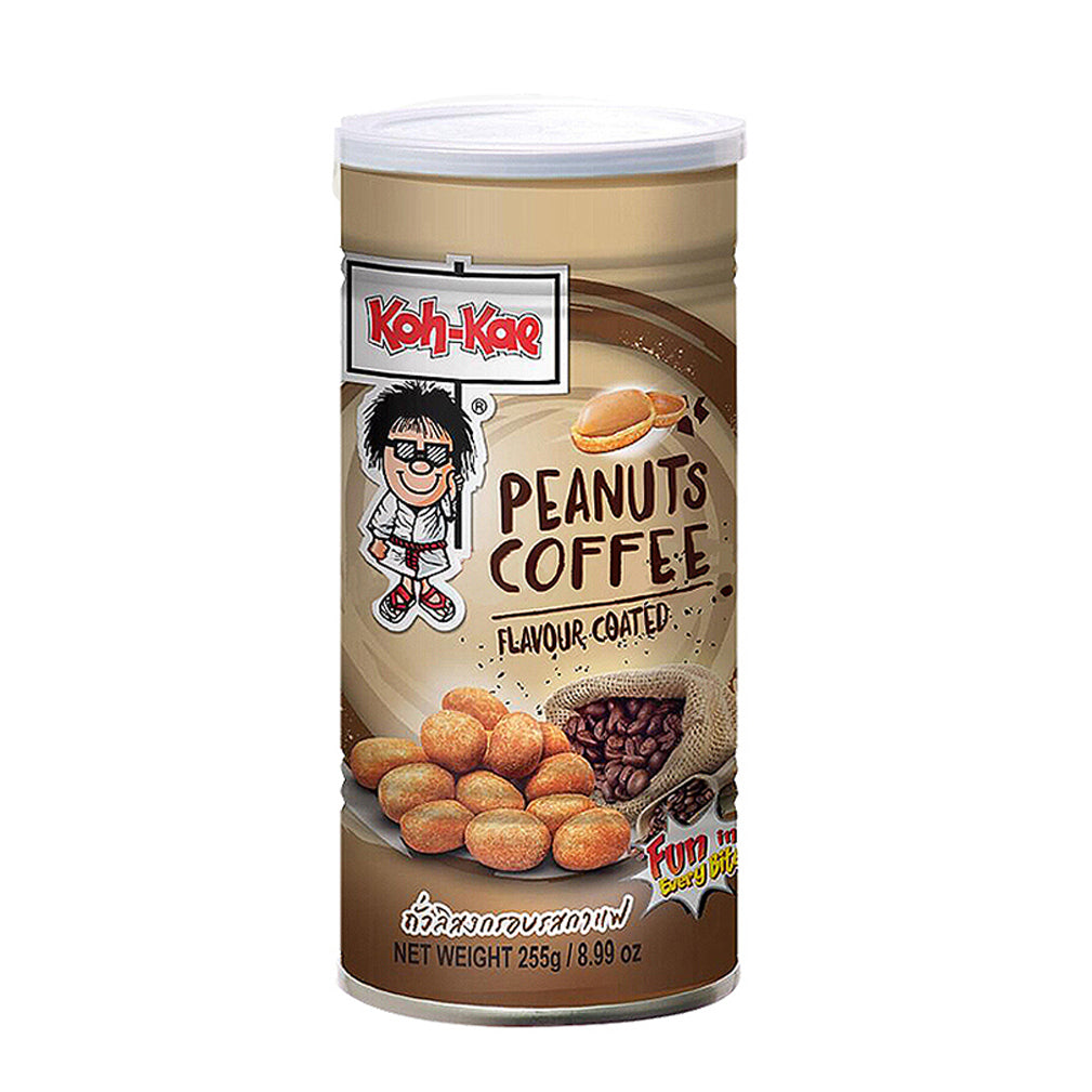 A can of Koh-Kae Coffee Flavour Coated Peanuts showing the product and a cartoon character on the label.