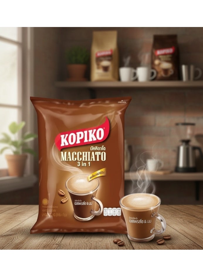 Kopiko Macchiato 3 in 1 coffee package on a wooden table with a coffee-themed background.
