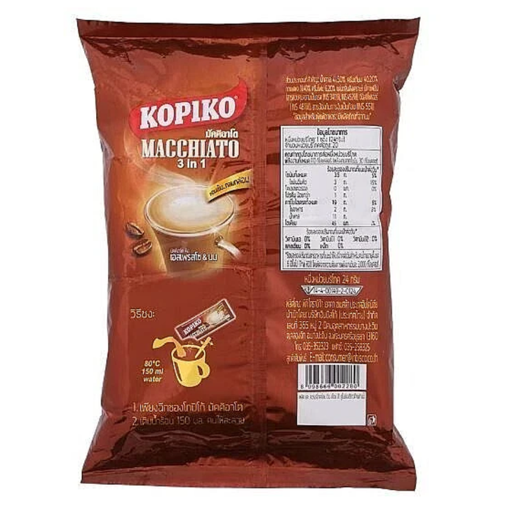 Kopiko Macchiato 3 in 1 coffee package on a white background