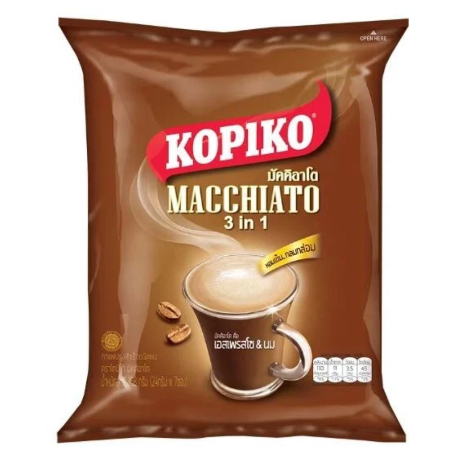 Kopiko Macchiato 3 in 1 coffee package on a white background
