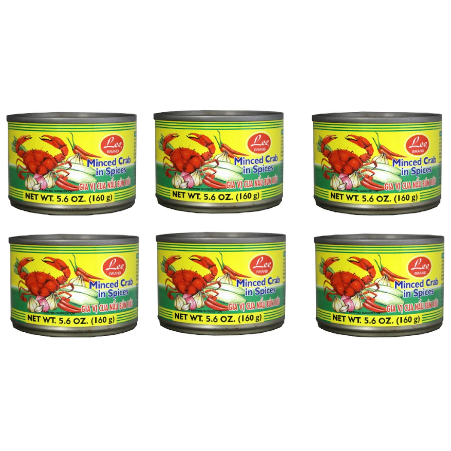 Six cans of Lobo Minced Crab in Spices on a white background