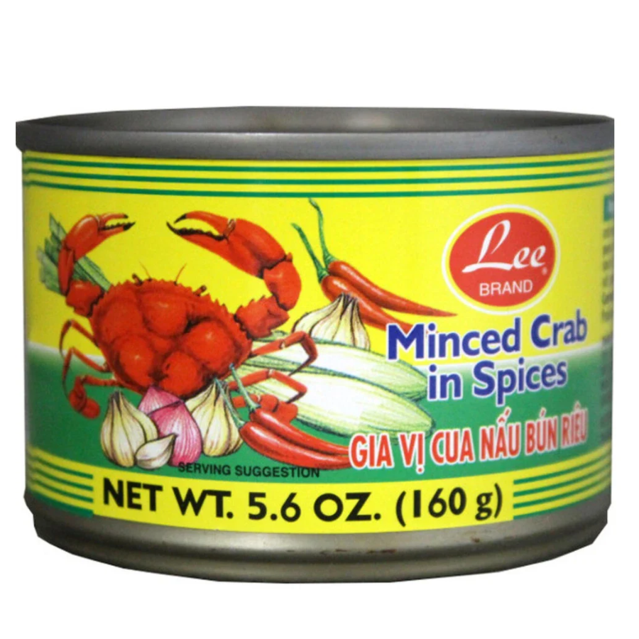 Can of Lee Brand Minced Crab in Spices with colorful label featuring crabs and spices.