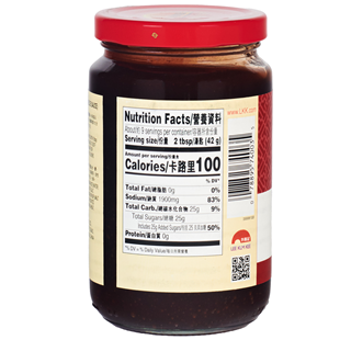 Jar of sauce with nutrition label on a white background