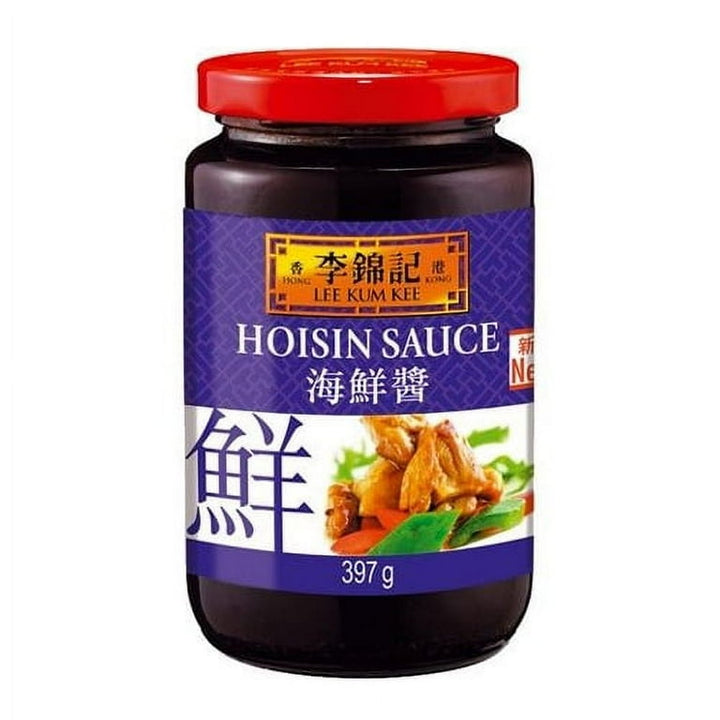 Glass jar of Lee Kum Kee Hoisin Sauce with red lid on a white background