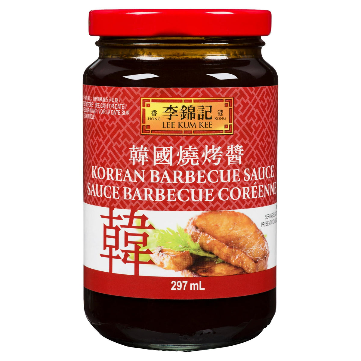 Jar of Lee Kum Kee Korean Barbecue Sauce featuring a piece of protein and lettuce on a red label.