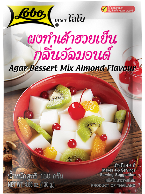 Lobo Agar Dessert Mix Almond Flavour packaging with fruit salad image
