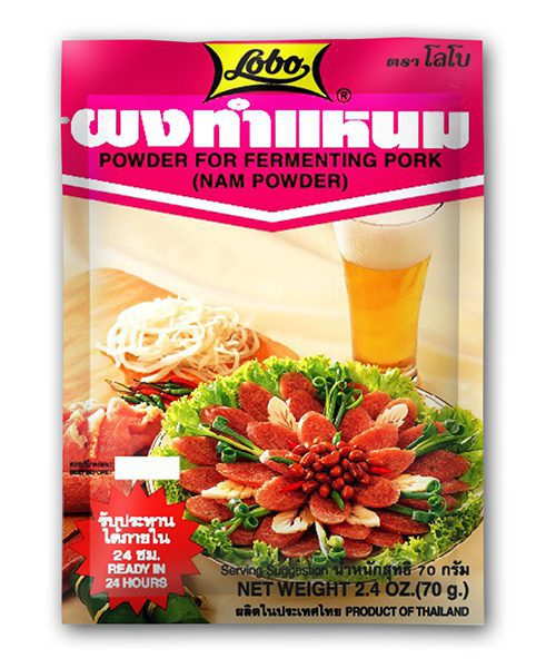 Lobo brandNam Powder for fermenting pork packaging with images of food and a beer.