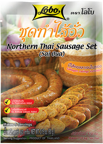 Lobo Northern Thai Sausage Set packaging with sausages and collagen information.
