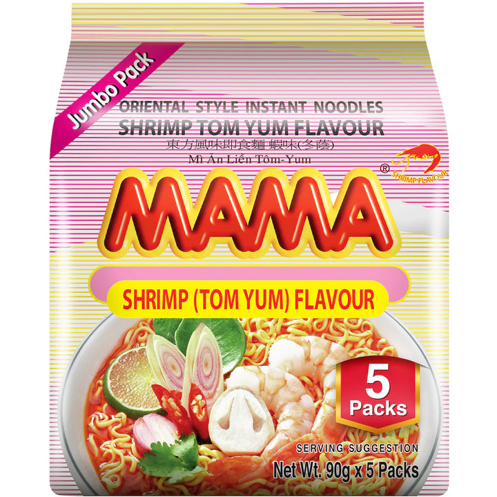 MAMA Shrimp Tom Yum Flavour instant noodles packaging on a white background
