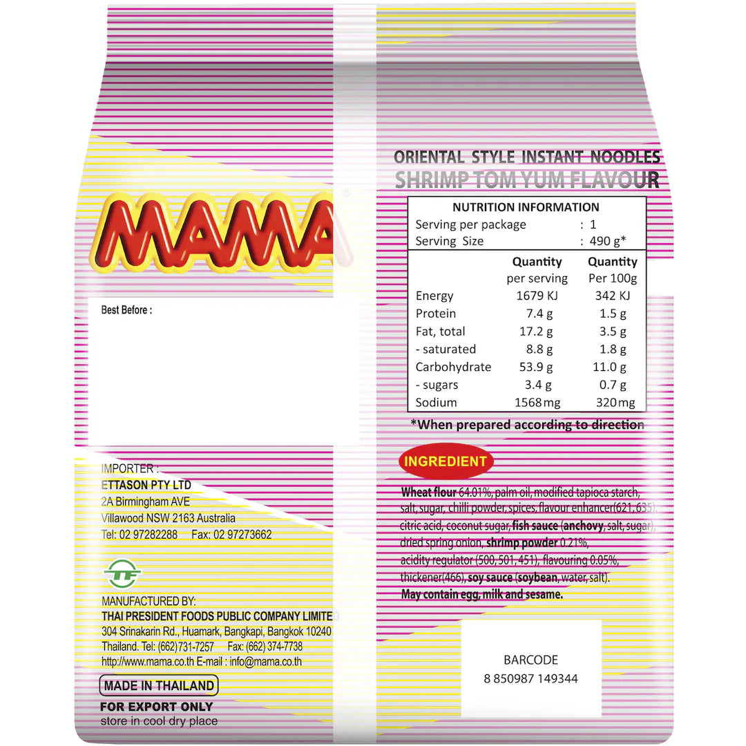 MAMA instant noodles packaging with nutritional information and ingredients list on a white background