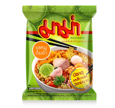 Packaging for Mama Oriental Style Instant Noodles Artificial Tom Yum Pork Flavour, displaying the noodles with pork and lime, green and white colors, and Thai text.