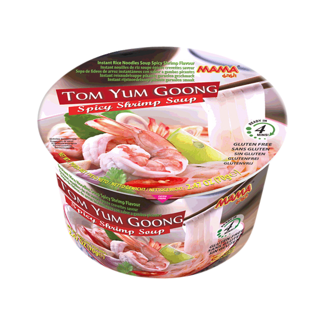 Mama Instant Noodle Soup packaging for Tom Yum Goong Spicy Shrimp Soup on a white background