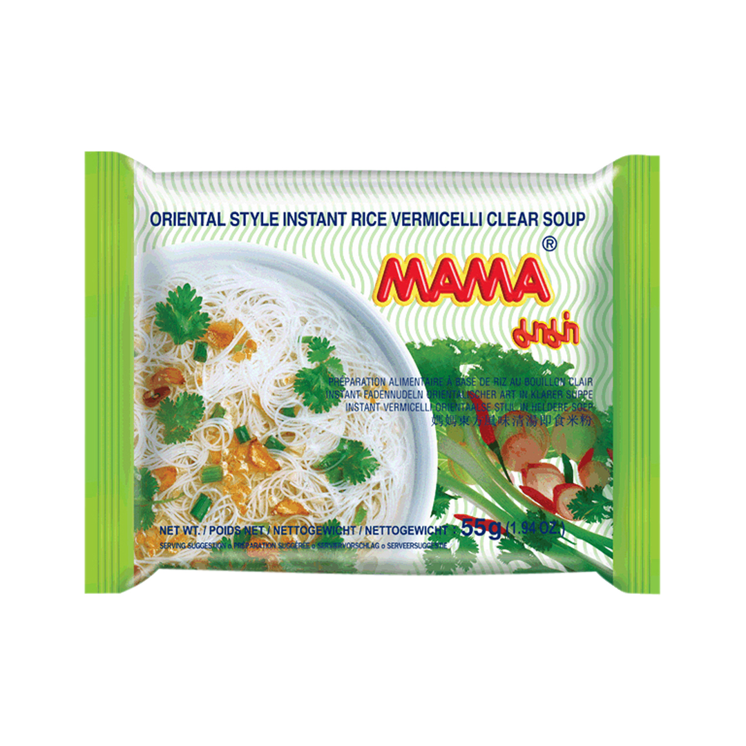 Mama brand instant rice vermicelli clear soup package on a white background