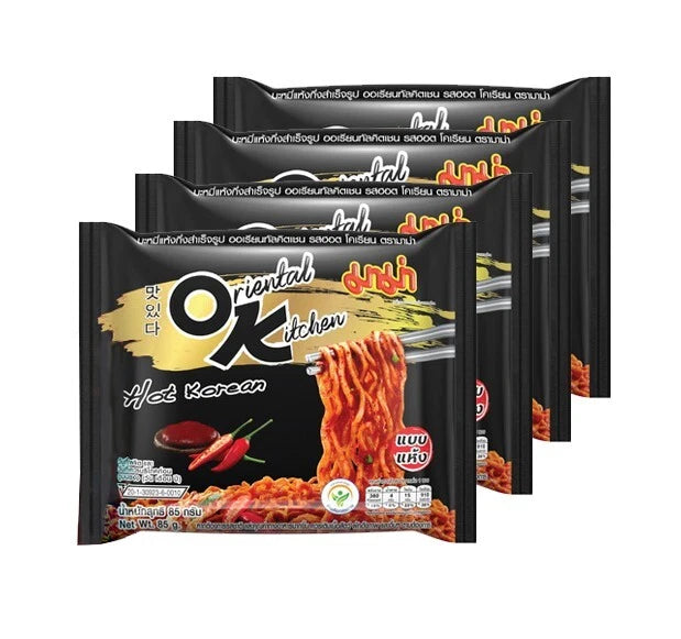 Packaging of Oriental Kitchen hot Korean noodles with a white background