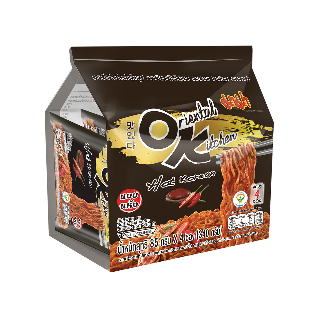 Packaging of Oriented Kitchen Hot &amp; Korean spicy noodles on a white background
