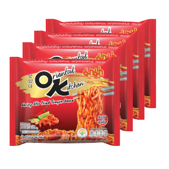 Multiple packages of Oriental Kitchen Shrimp Fried Tomato Sauce on a white background