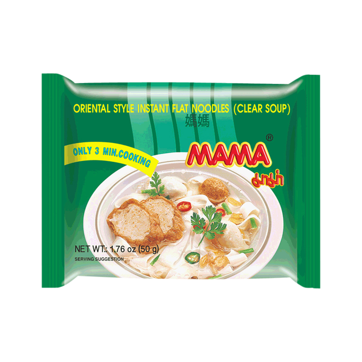 Mama brand instant noodles packaging with green background