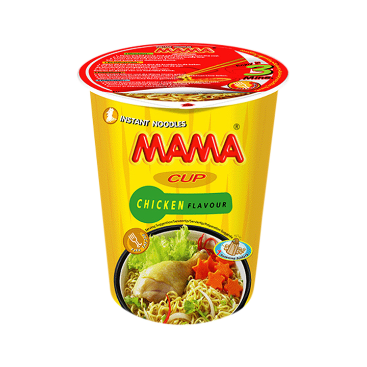 Yellow Mama cup instant noodles with chicken flavor on a white background