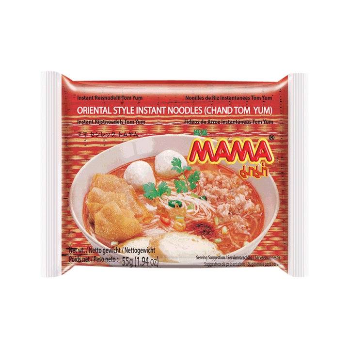 Mama instant noodles packaging with a bowl of noodles on a white background